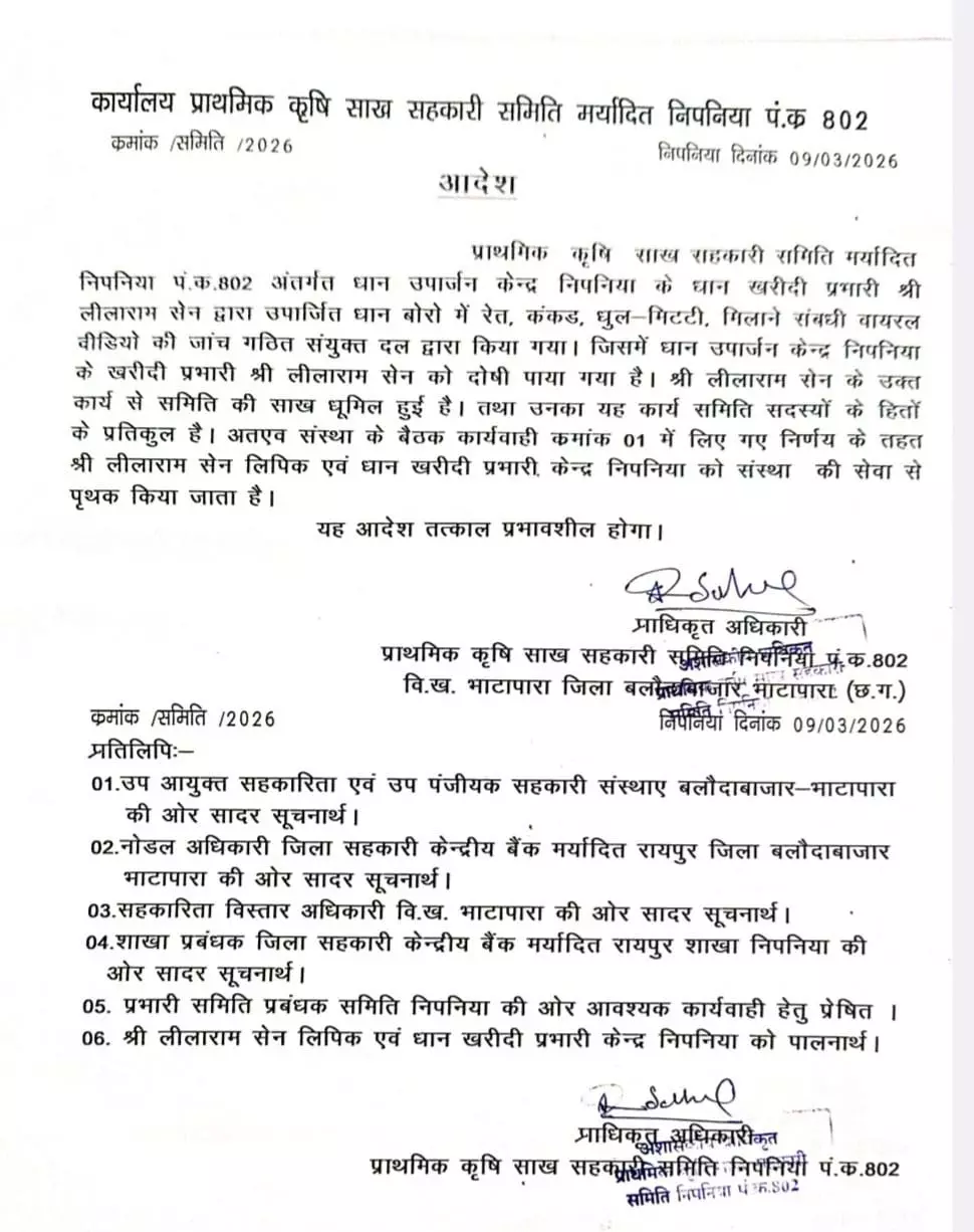 धान में रेत मिलाकर हेराफेरी करने वाला खरीदी केंद्र प्रभारी बर्खास्त